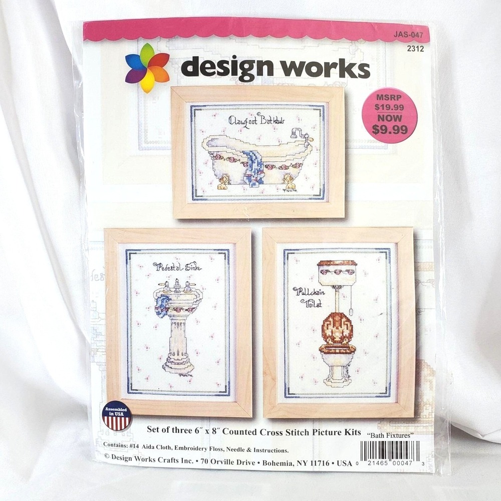 Set Of Three 6" X 8" Counted Cross Stitch Kits "Bathroom Fixtures" Design Works